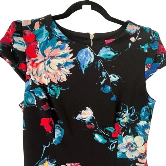 Betsey Johnson Sz 6 Black Floral Midi Bodycon Career Dress Office Siren Party - Picture 3 of 14